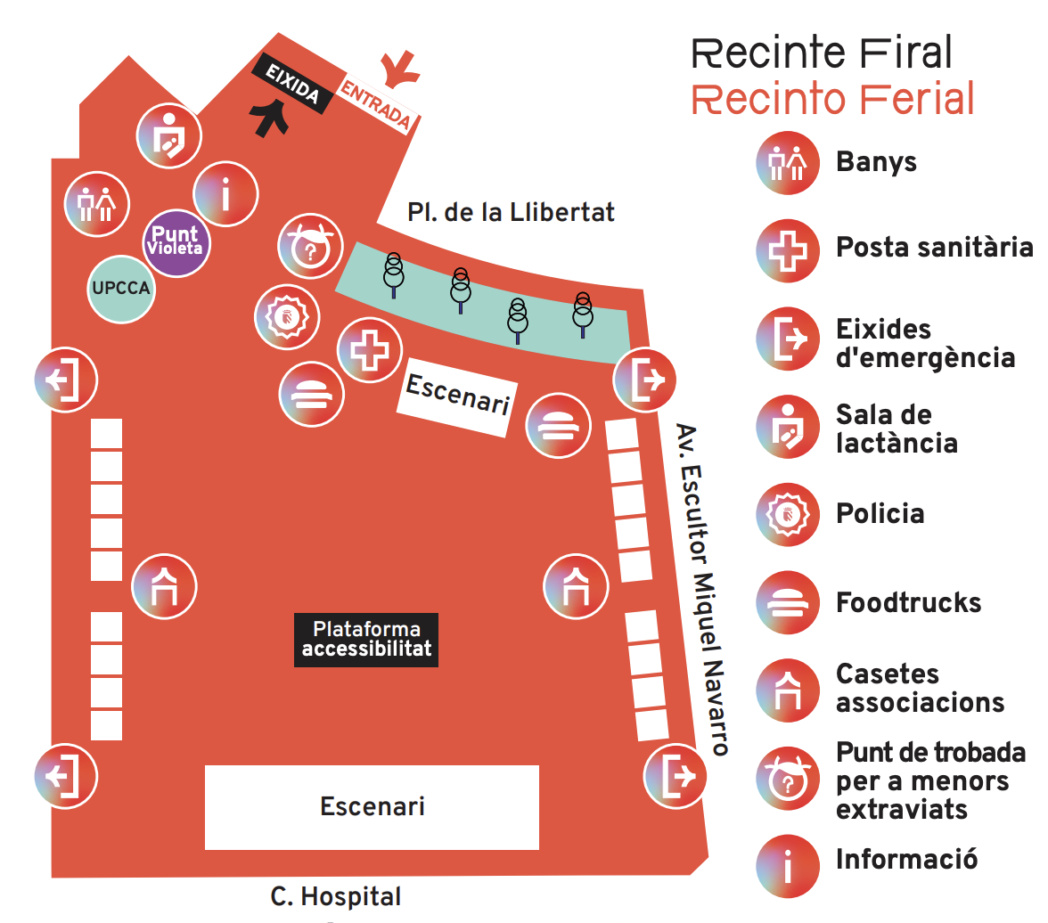 Plano de distribución del Recinto Ferial de las Fiestas de Mislata 2026: escenarios, casetas, foodtrucks, aseos, puesto sanitario y accesos.